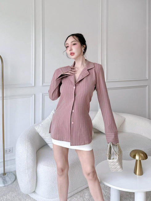 Stripes Collar Fitted Shirts With Skirts